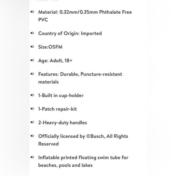 🎠 New Busch Inflatable Swim Tube Ring Float Built-in Handles and Cup Holder - Picture 4 of 10